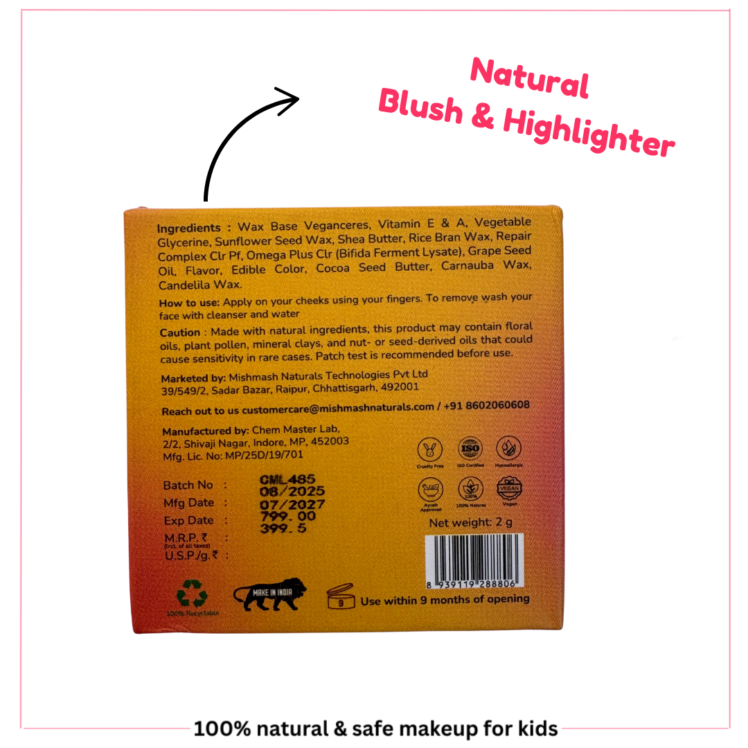Back packaging of Mishmash Naturals Blush & Highlighter showing ingredients, usage instructions, caution note, batch details, manufacturing and expiry dates, price, net weight, and certification icons. Text on top right reads 'Natural Blush & Highlighter,' and footer tagline says '100% natural & safe makeup for kids.
