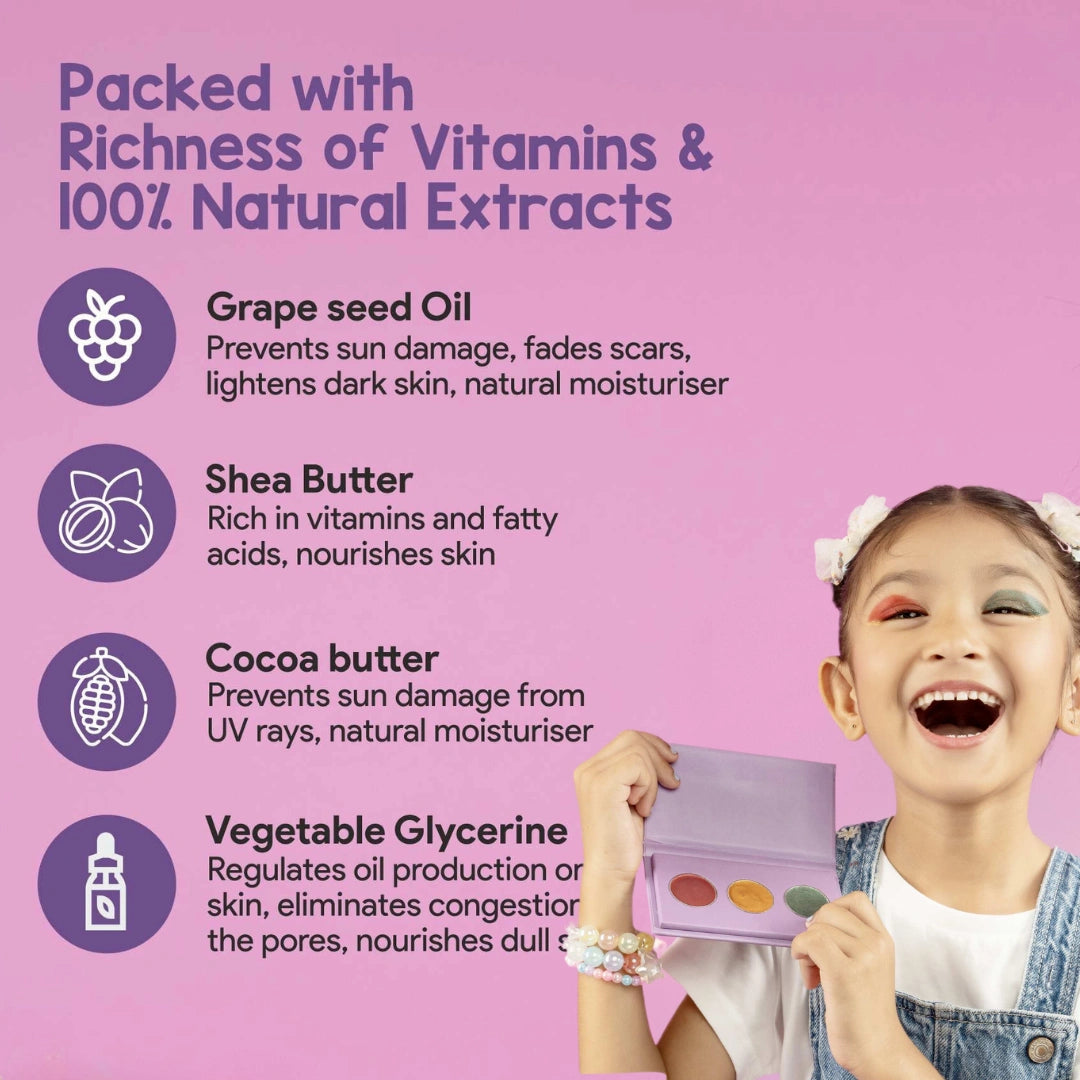 Happy young girl applying Mishmash Naturals eyeshadow palette. Key ingredients include grape seed oil to protect and lighten skin, shea butter for nourishment, cocoa butter for UV protection, and vegetable glycerine to regulate oil and hydrate skin.