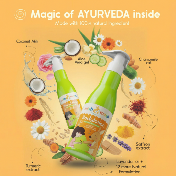 Two bottles of 'mash & mash' bodulation with natural ingredients on a yellow background