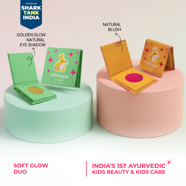 Two children's makeup products on round stands with 'Shark Tank India' branding.