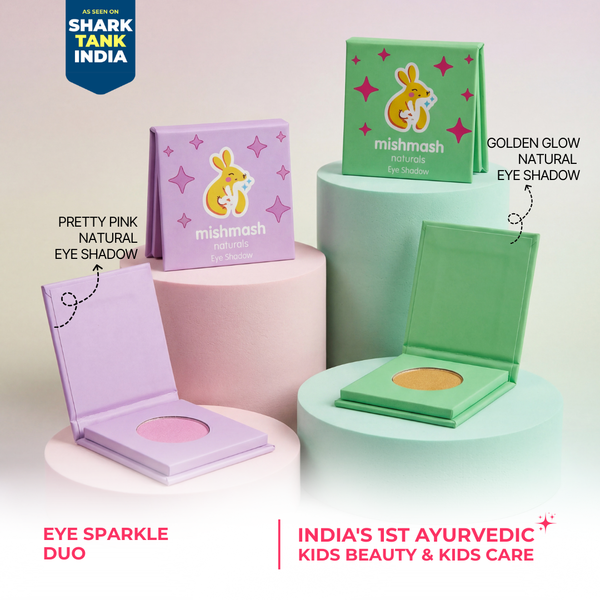 Mishmash natural eye shadow products on a light background with 'Shark Tank India' branding.