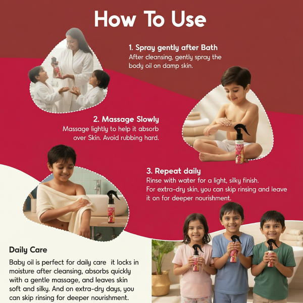 Instructions on how to use a baby oil product with images of children and text on a red background.
