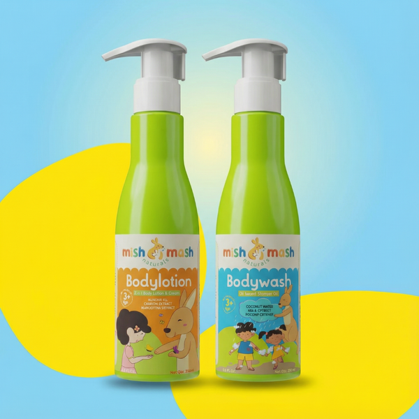 Two green bottles of 'mish & mash' body lotion and body wash on a blue and yellow background