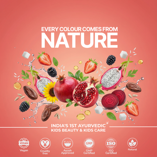 Product advertisement with natural ingredients and 'Every Colour Comes from Nature' text on a pink background.