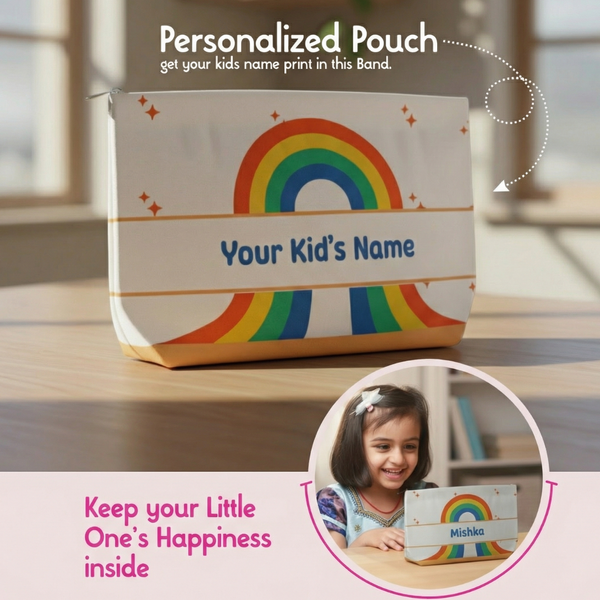 Personalized pouch with rainbow design and space for a child's name, placed on a wooden surface.