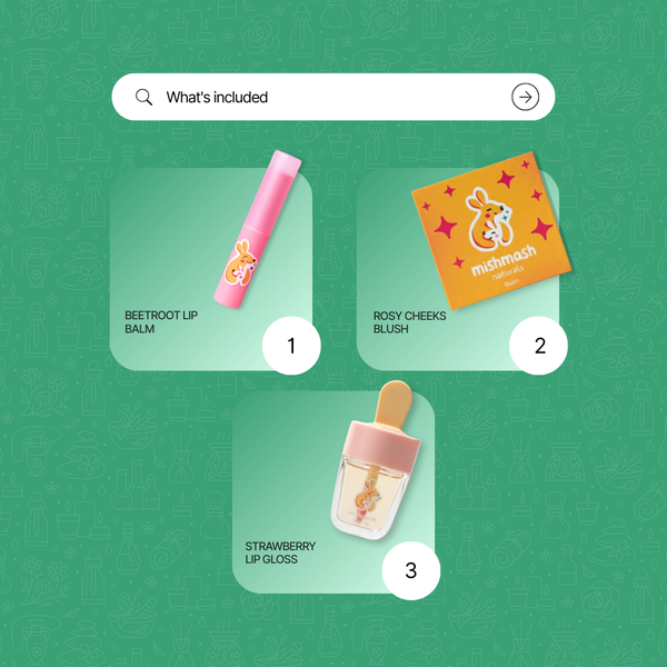 Three cosmetic products on a green background with labels and a search bar.