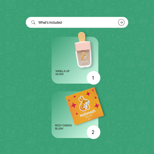 Vanilla lip gloss and rosy cheeks blush on a green background with a search bar.