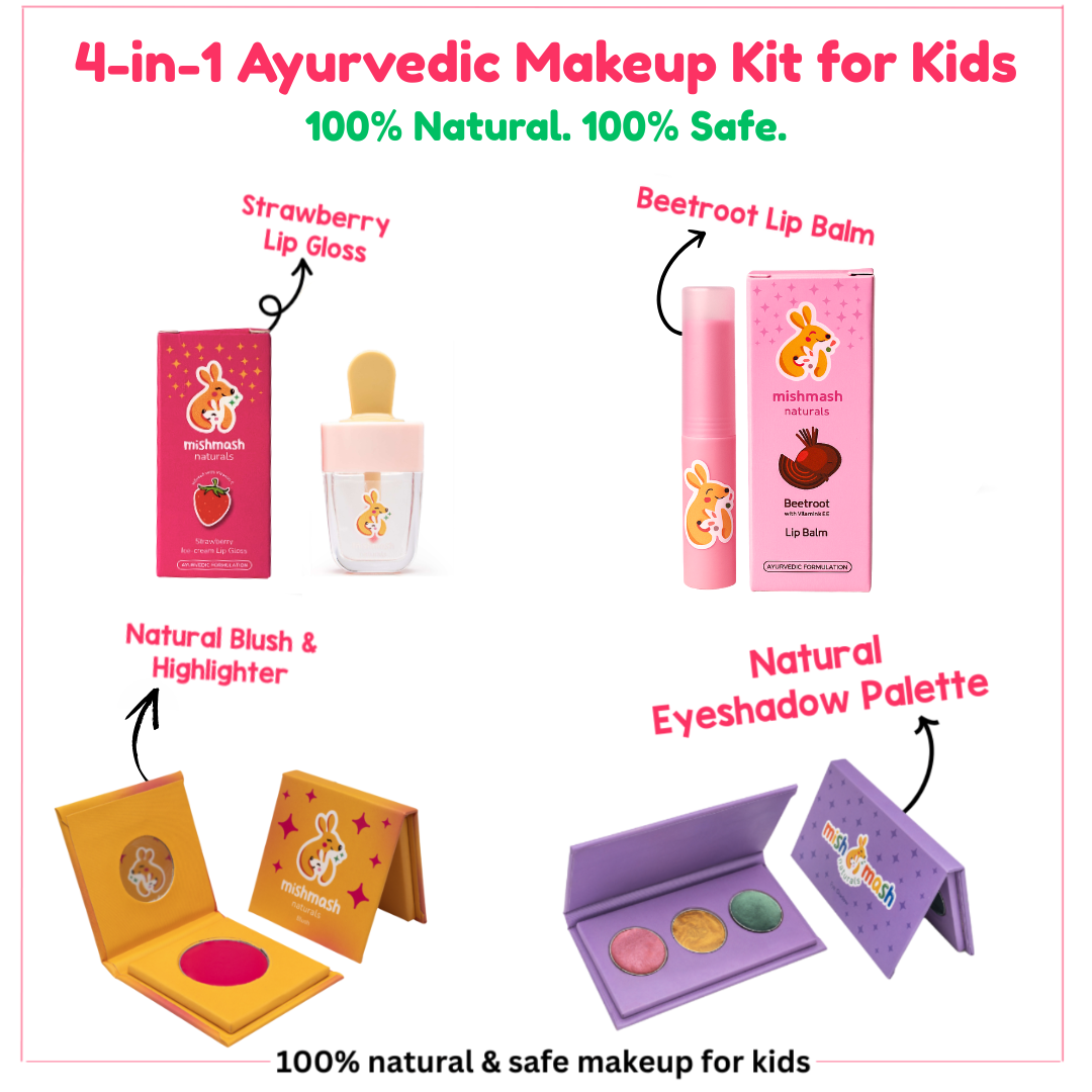 Ayurvedic Kids Face care Combo - Blush, Lip Balm, Lip Gloss & 3 Eye Shadow (45% off) with Personalized Pouch