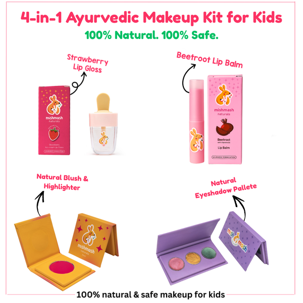 4-in-1 Ayurvedic Makeup Kit for Kids with lip gloss, lip balm, blush, and eyeshadow palette on a white background.