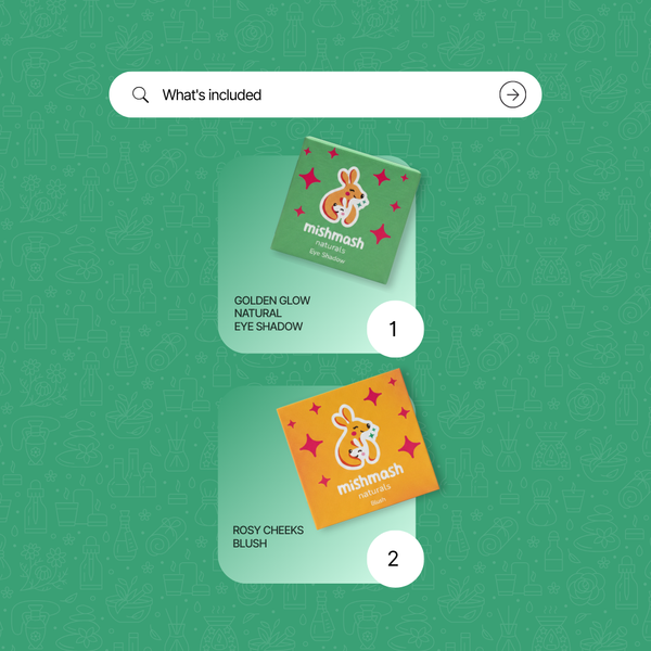 Two makeup products with packaging labeled 'mishmash' on a green background.