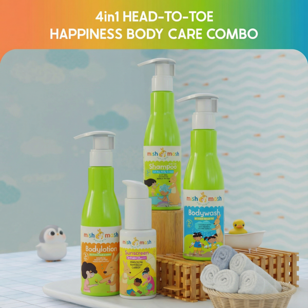 Children's body care products including shampoo, body wash, lotion, and sunscreen with a basket of towels on a blue and orange gradient background.