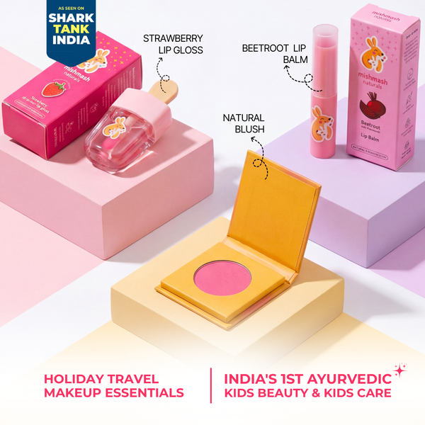 Makeup products including a lip gloss, balm, and blush on a pink and white background with 'Shark Tank India' branding.