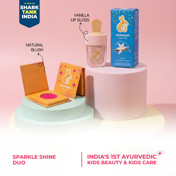 Shark Tank India branded cosmetic products including a lip gloss and blush on a pink background.