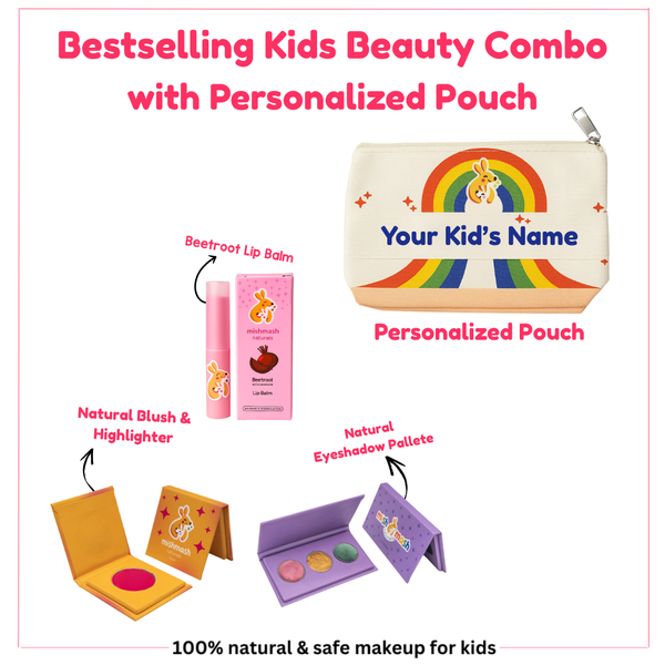Children's beauty combo with personalized pouch, lip balm, blush, and eyeshadow palette on a white background.