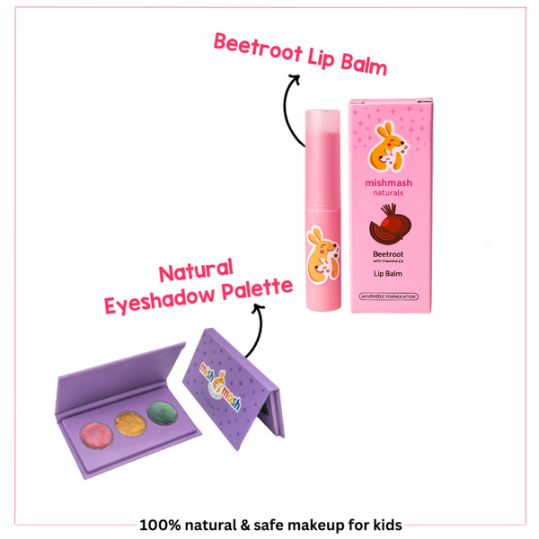 Mishmash Naturals kids’ makeup products — Beetroot Lip Balm in pink packaging with kangaroo logo and Natural Eyeshadow Palette in purple case with three colors. Text highlights: 'Beetroot Lip Balm,' 'Natural Eyeshadow Palette,' and tagline '100% natural & safe makeup for kids.'