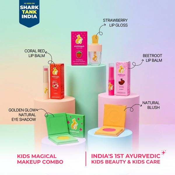 Children's makeup products including lip balm, lip gloss, blush, and eye shadow on colorful stands with 'Shark Tank India' branding.