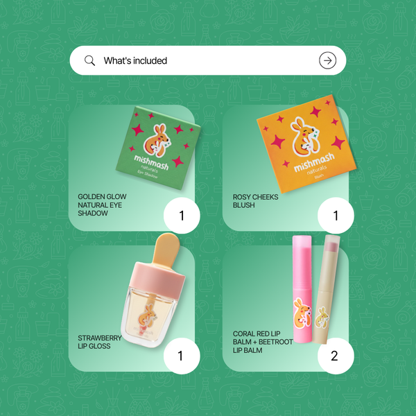 Makeup product set with labels on a green background