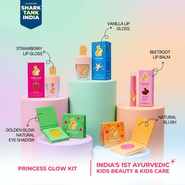 Collection of kids' beauty products including lip gloss, lip balm, eye shadow, and blush with 'Shark Tank India' branding.