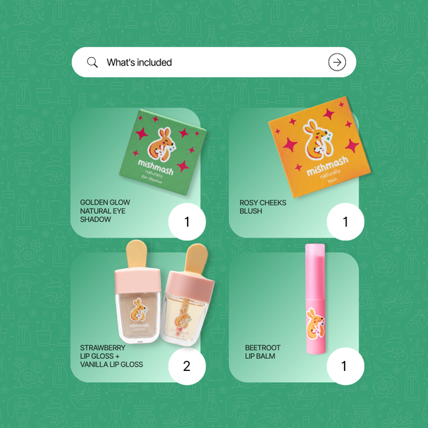 Makeup products with labels on a green background