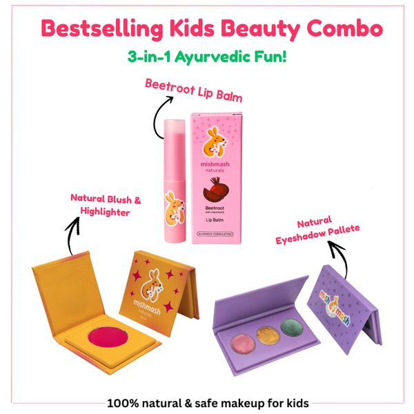 Children's makeup set with lip balm, blush, and eyeshadow palette on a white background