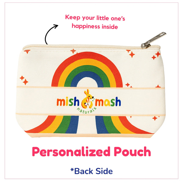 White personalized pouch with a colorful rainbow design and Mishmash Naturals logo. Text on the image says 'Keep your little one’s happiness inside' and 'Personalized Pouch – Back Side'.