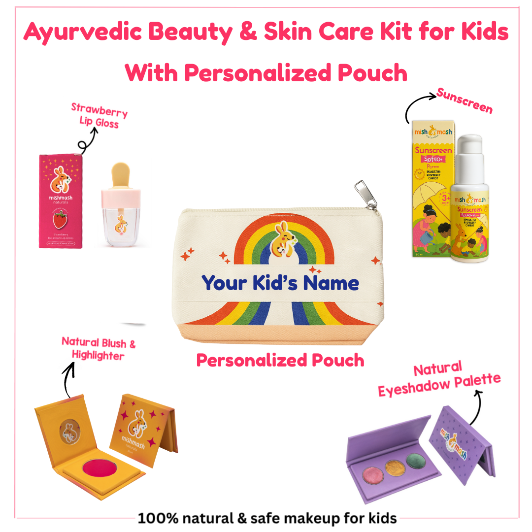 Mishmash Naturals Ayurvedic Beauty & Skin Care Kit for Kids with Personalized Pouch. Includes Strawberry Lip Gloss, Natural Blush & Highlighter, Natural Eyeshadow Palette, and Sunscreen. 100% natural and safe makeup for kids.