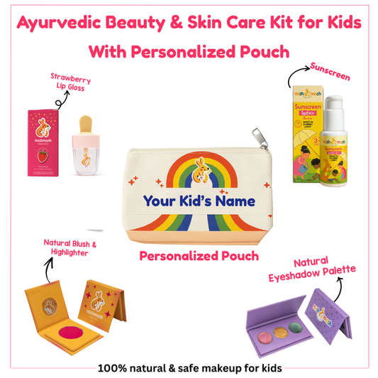 Mishmash Naturals Ayurvedic Beauty & Skin Care Kit for Kids with Personalized Pouch. Includes Strawberry Lip Gloss, Natural Blush & Highlighter, Natural Eyeshadow Palette, and Sunscreen. 100% natural and safe makeup for kids.