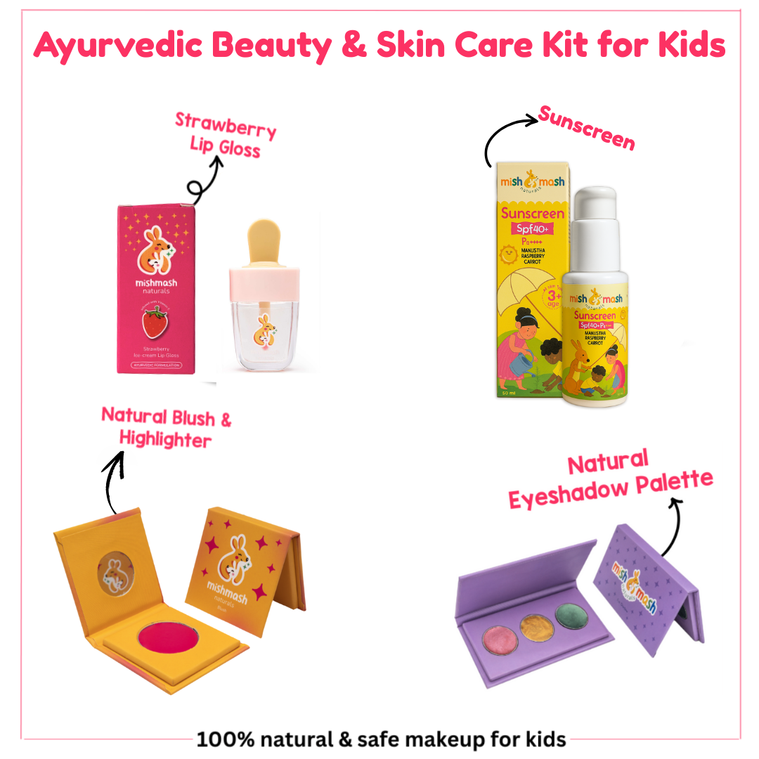 Mishmash Naturals Ayurvedic Beauty & Skin Care Kit for Kids featuring Strawberry Lip Gloss, Natural Blush & Highlighter, Natural Eyeshadow Palette, and Sunscreen. 100% natural and safe makeup for kids.