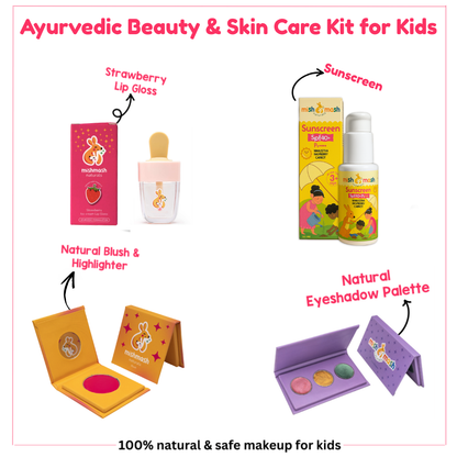 Mishmash Naturals Ayurvedic Beauty & Skin Care Kit for Kids featuring Strawberry Lip Gloss, Natural Blush & Highlighter, Natural Eyeshadow Palette, and Sunscreen. 100% natural and safe makeup for kids.