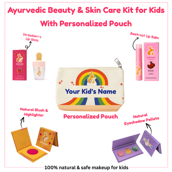 Ayurvedic beauty and skin care kit for kids with personalized pouch on a white background