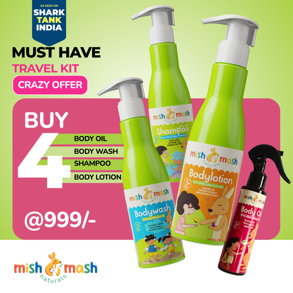 Kids holiday travel personal care kit with natural body wash, shampoo, body oil and lotion
