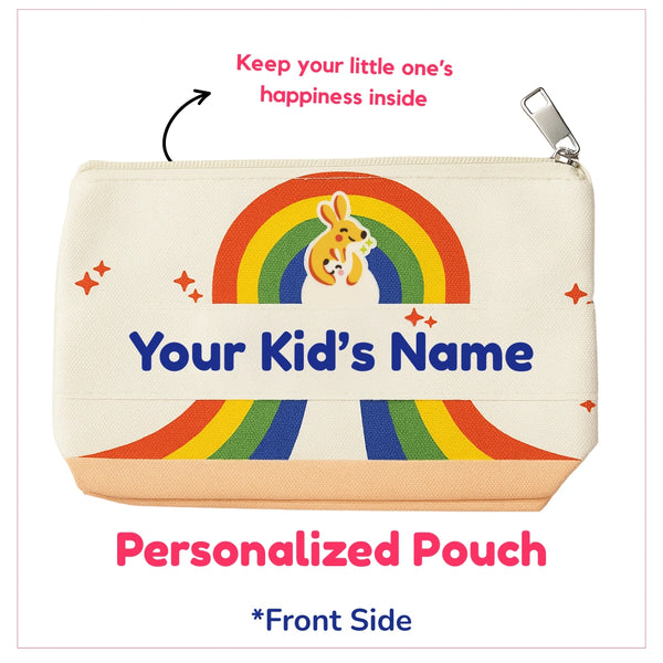 White personalized pouch with a rainbow design and kangaroo illustration. The text area shows 'Your Kid’s Name' for customization. Caption reads 'Keep your little one’s happiness inside' and 'Personalized Pouch – Front Side'.