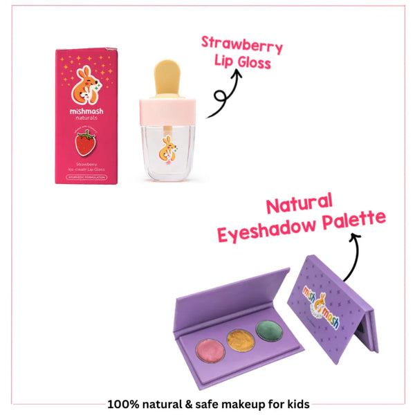 Makeup products including a lip gloss and eyeshadow palette with 'michnash' branding on a white background.