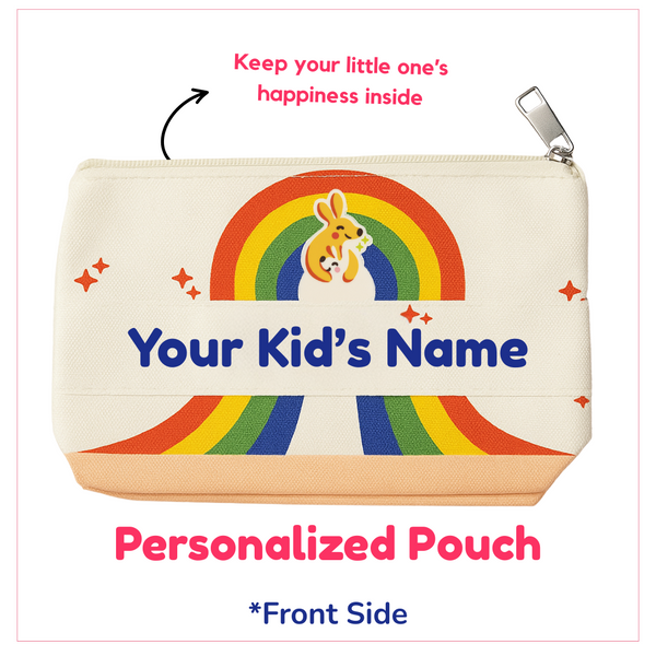 Personalized pouch with rainbow design and placeholder text for a child's name on a white background