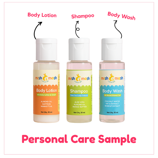 Three 'mush mush' personal care product bottles labeled 'Body Lotion', 'Shampoo', and 'Body Wash' on a white background.