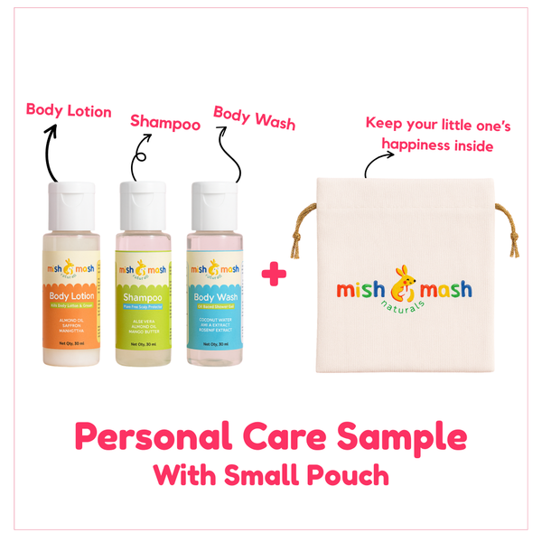 Personal care sample set with body lotion, shampoo, and body wash bottles, plus a small pouch, featuring the mish mash naturals brand.